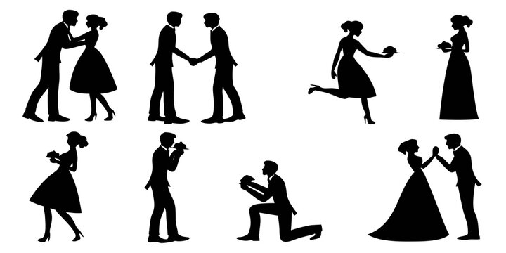 Set of romantic couple silhouettes showing various relationship stages including meeting shaking hands a wedding proposal on one knee a first dance with silhouette proposal marriage romantic