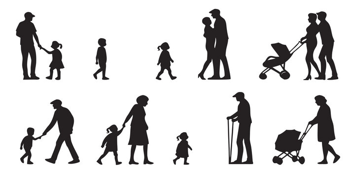 Set of silhouettes depicting parents with babies and toddlers in everyday family life scenes silhouette children stroller carrying together childhood parenting relationship collection