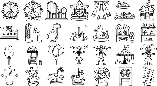 Hand-Drawn Black  White Line Art Amusement Park and Carnival Icons Set. Outline Collection of Fair Rides, Games, Stalls, and Entertainment Elements.