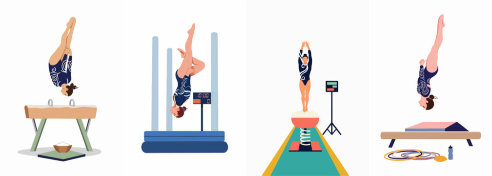 Flat vector illustrations set of professional female gymnasts performing routines on pommel horse, uneven bars, vault, and balance beam.