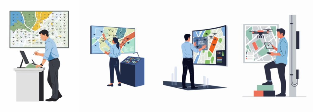 Vector illustration of professionals using advanced screens and technology to monitor and control drone swarms for urban surveillance and logistics management.