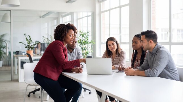 Diverse business team collaborating around laptop in bright modern office, discussing strategy and sharing ideas with engaged expressions and open communication