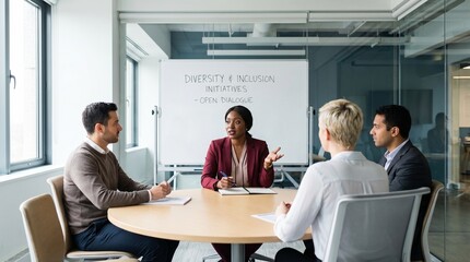 Fototapeta premium Diversity and inclusion initiative meeting with facilitator leading open dialogue among four professionals around conference table, collaborative discussion and corporate training atmosphere