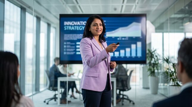 Businesswoman giving presentation in modern conference room with digital chart and strategy slide, confident professional delivering innovation strategy and engaging colleagues during meeting