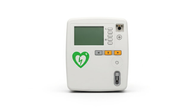 AED defibrillator with heart symbol, green display, and multiple buttons, isolated on a white background for emergency response.