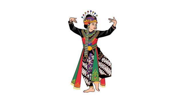 Dancer in an elaborate traditional costume performs a classic Javanese pose with intricate hand gestures and a ornate gold crown against a stark white background.