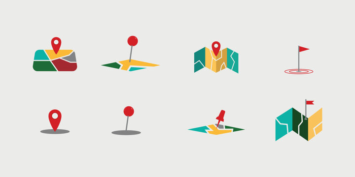 set of Displays various location and navigation icons with red pins.