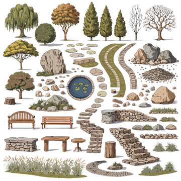 Garden landscaping vector collection trees rocks pathways benches