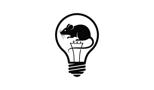 Cute mouse inside a light bulb, symbolizing a bright idea or scientific experiment, black and white illustration, creativity and innovation concept.