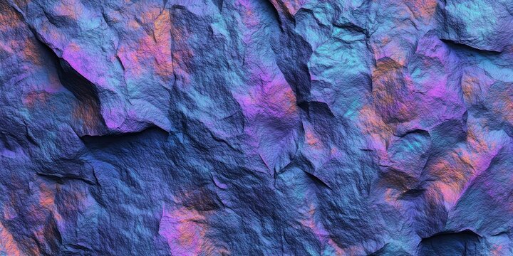 rugged iridescent rock surface with blue purple pink and teal highlights, deep crevices and rough texture conveying a mysterious dreamy calm