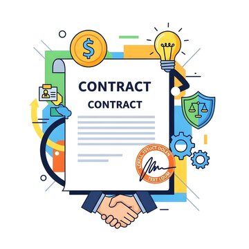 Legal agreement and business partnership handshake, contract document with lightbulb for ideas and financial coin for investment, secure deal concept