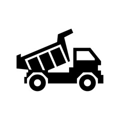 Naklejka premium Black silhouette of a dump truck with its bed raised, isolated on a white background.