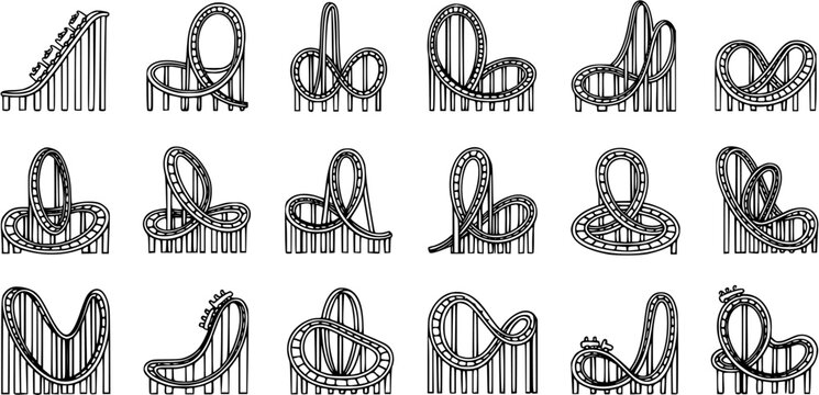 Amusement Park Roller Coaster Rides Black and White Line Art Icons. Thrilling Theme Park Entertainment Track Outlines and Glyphs.