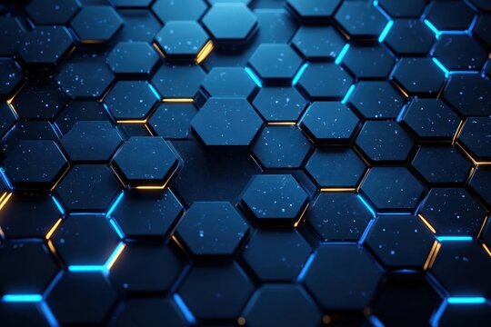 futuristic hexagonal honeycomb grid of glossy dark tiles with blue and amber glowing edges and scattered particle specks, conveying high-tech mystery and depth