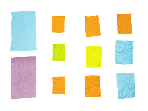 Set of crumpled colorful sticky notes and paper rectangles isolated on Transparent background, assorted sizes in blue, orange, green, yellow, and purple.