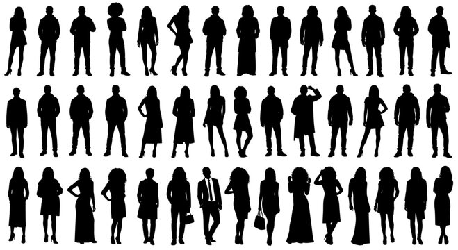 Vector silhouettes man and women, illustration. Silhouettes of young people posing in casual clothes. Transparent background SVG version.
