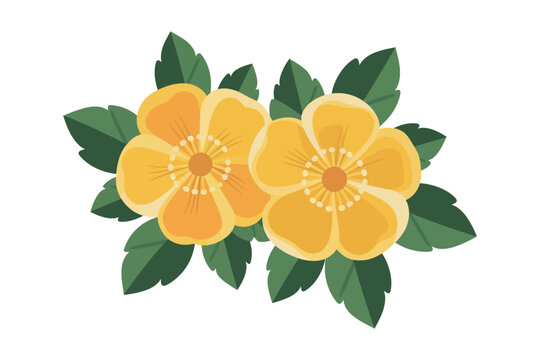 A vibrant illustration of yellow flowers with green leaves on a white background