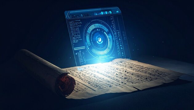 An ancient open magical book radiating glowing blue holographic digital interfaces and futuristic arcane data circles