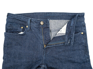 Dark blue denim jeans waistband close-up with open zipper and button, pocket rivets visible, isolated on Transparent background. © Mukta