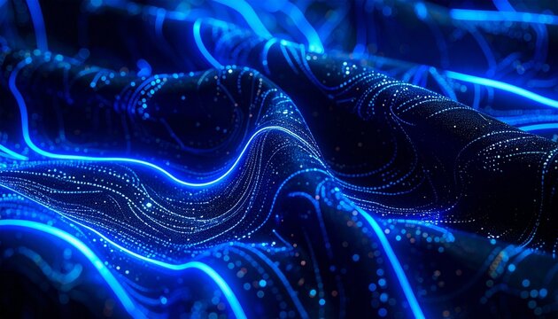 A mesmerizing abstract background of swirling glowing blue plasma energy waves and luminous fiber optic digital threads