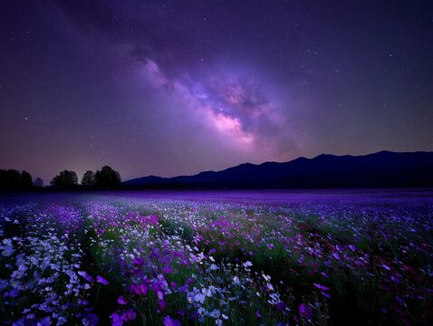 Milky Way over purple cosmos flower field at night