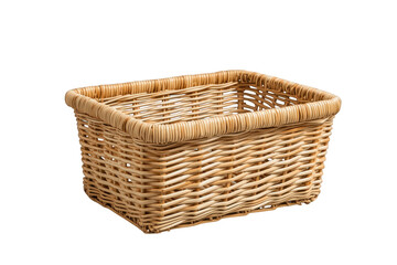 Obraz premium Rectangular wicker basket with natural rattan weave, empty container for home storage and organization on transparent background