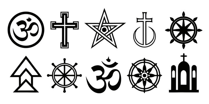 Collection of religious and spiritual symbols black icons of various faiths and beliefs religion spirituality dharmachakra pentagram tradition collection isolated background buddhism