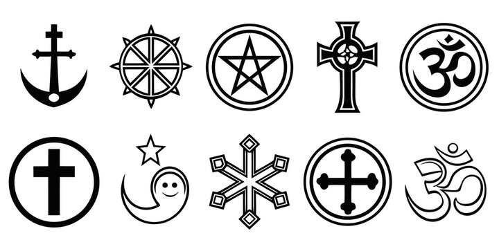 Religious and spiritual icons set black symbols of different world faiths and beliefs religion spirituality dharmachakra pentagram tradition collection isolated background illustration