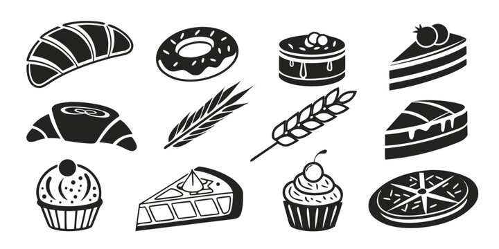 Extensive set of vector bakery icons and silhouettes including croissants glazed donuts whole cakes pie slices cupcakes wheat sprigs pizza graphic elements for food industry design with isolated