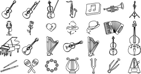 Black and White Line Art Music Instruments and Symbols Vector Collection © pixsource