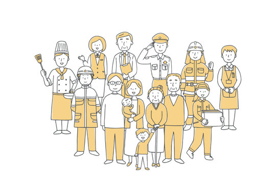 地域の人々が集合しているイラスト単色