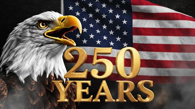 Patriotic bald eagle, USA flag, and 250 Years celebration text