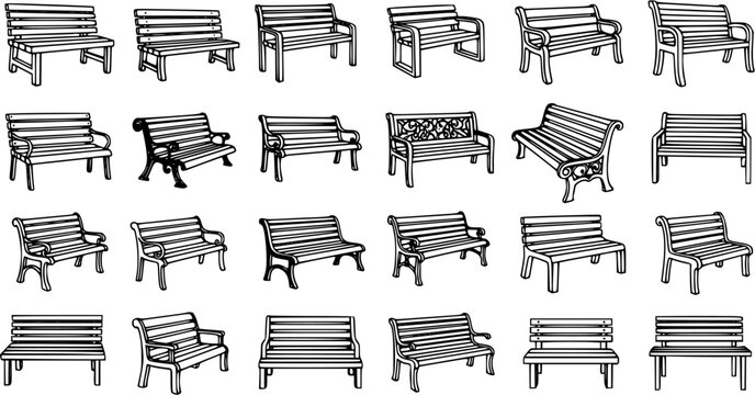 Black and White Line Art Collection of Diverse Park Bench Designs for Outdoor Seating