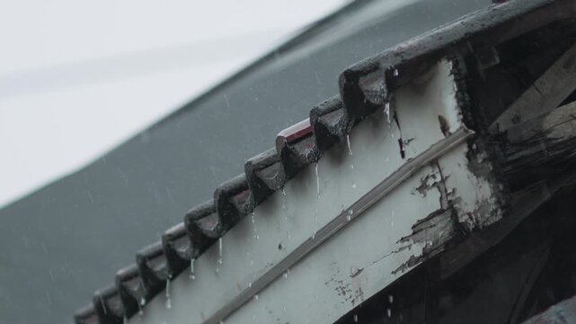 Rainwater Dripping From Rooftop Tiles Edge On Rainy Day, Close-Up