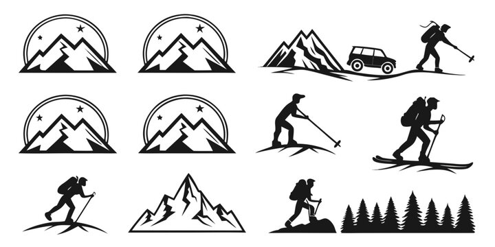 Set of black and white outdoor adventure icons featuring mountain silhouettes hikers with backpacks trekking poles off-road vehicle mountain adventure backpacker silhouette climbing