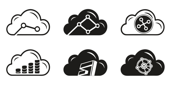 Cloud-based technology icons illustrating network connections data points system performance a focus on digital infrastructure with black and white technology connections performance