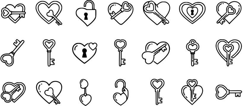 Heart shaped locks and keys line art icons, symbol of love, relationships, security, romantic Valentine's day concept