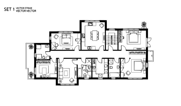 Title:
Building floor plan outline vector with architectural layout rooms walls doors windows editable stroke design
