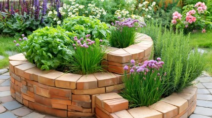 Fototapeta premium Herb spiral garden featuring basil, chives, and rosemary plants