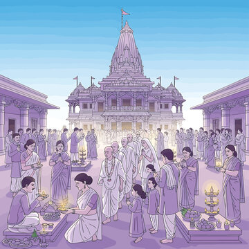 Hindu people worship at temple.