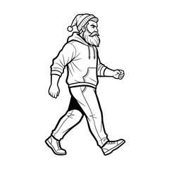 Obraz premium Bearded Man in Hoodie and Santa Hat Walking Confidently - Black and White Line Art