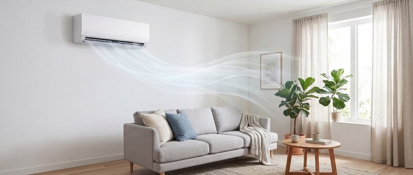 Modern Living Room Interior with Wall Mounted Air Conditioner and Cool Air Flow