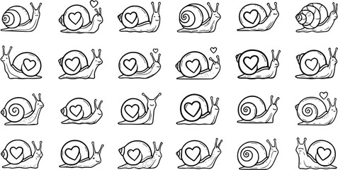Cute Black and White Line Art Snails with Hearts, Vector Illustration for Love and Romance © pixsource