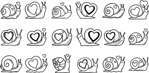 Cute Love Heart Snails Line Art, Valentine's Day Romantic Characters, Adorable Animal Vector Illustration © pixsource