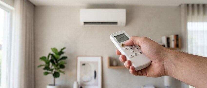 Hand using air conditioner remote control to adjust indoor climate system