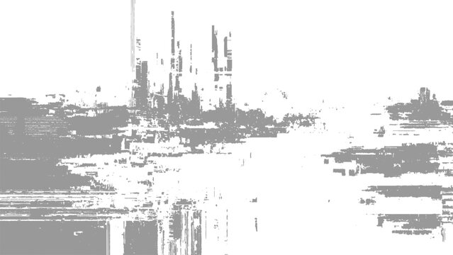 Glitchy distorted digital image with grey pixels and white background