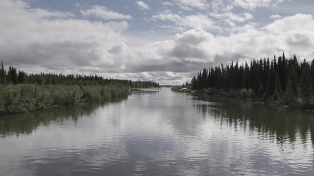 a downstream view of the chena river near tenana river junction at fairbanks, alaska of the united states