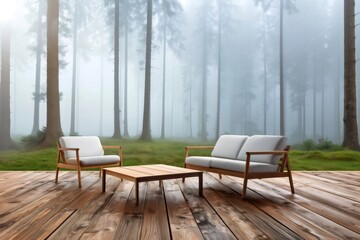 Fototapeta premium Outdoor patio furniture set on wooden deck in misty forest