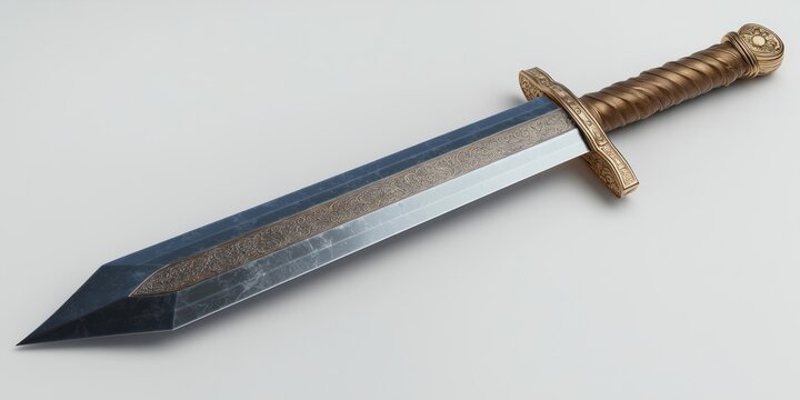 ornate short sword with engraved central fuller and golden twisted hilt resting on neutral background, elegant and formidable