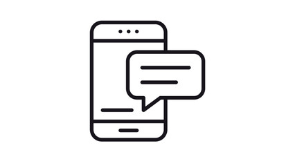 Minimalist black line vector icon of a smartphone with a speech bubble notification, representing mobile messaging, texting, online chat, communication, and digital social media interaction. © Mehwish
